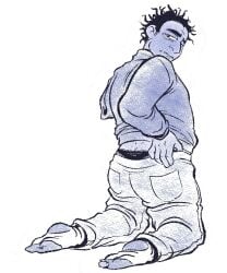 1boy 5_fingers amputated_arm amputee ass_crack chubby chubby_male clothed clothing human jeans lace-trimmed_panties lace_trim look_outside looking_away looking_behind male male_only on_knees panties pockets revealing_panties sam_(look_outside) socks solo strix-aluko sweater turtleneck turtleneck_sweater underwear