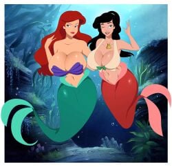 aged_up aged_up_character ariel black_hair daughter ghostlessm huge_breasts long_hair long_hair_female massive_breasts melody_(disney) mermaid_girl mermaid_tail mother mother_and_daughter ponytail_female red_hair seashell_bra seductive_look seductive_smile smug_face smug_grin the_little_mermaid_(1989_film) the_little_mermaid_ii:_return_to_the_sea voluptuous_female waving_at_viewer winking_at_viewer