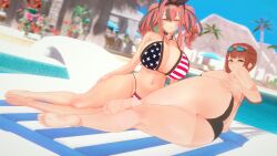 2girls american_flag_bikini azur_lane beach_towel big_ass big_breasts bikini bikini_bottom bremerton_(azur_lane) cleavage collar paracetamolkoi pink_hair red_hair resort_background sunglasses sunglasses_on_head thick_thighs towel twintails voluptuous voluptuous_female zara_(azur_lane)