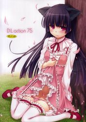 absurdres alternate_costume animal_ears black_hair blush convenient_censoring cover_page dress feline female gokou_ruri highres long_hair looking_at_viewer mary_janes nakajima_yuka ore_no_imouto_ga_konna_ni_kawaii_wake_ga_nai panty_pull petals pink_panties red_eyes sitting skirt_lift solo thighhighs wariza white_legwear wind