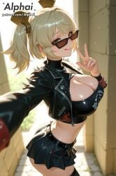 1girl 2025 2026 :q absurd_res absurdres ai ai-created ai_art ai_assisted ai_generated alphai ass bandeau bar_background black_belt black_jacket black_thighhighs blonde_hair blush blushing breasts burnice_white cinematic_lighting cleavage_cutout closed_mouth clothing_cutout colorful_background crop_top cropped_jacket day depth_of_field detailed_hair detailed_skin detailled_background dramatic_shadows female_only glasses high_quality high_resolution highres hoyoverse jacket large_breasts leather_jacket licking_lips long_hair long_sleeves looking_at_viewer low_angle midriff mihoyo miniskirt naughty_face open_clothes open_jacket outdoors particles patreon patreon_link patreon_url patreon_username pleated_skirt raised_eyebrows reaching_towards_viewer red_eyes selfie shiny_skin short_twintails side_angle side_view skirt smile solo spikes standing stnading stomach strapless sunglasses thick_thighs thighhighs topwear tube_top turtleneck twintails volumetric_lighting zenless_zone_zero zettai_ryouiki zzz