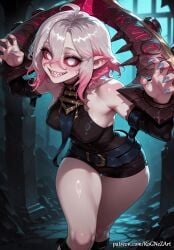 1girl 2026 ahoge ai_generated anime bare_shoulders belt blue_nails boobs breasts briar_(league_of_legends) cleavage covered_nipples crossover detached_sleeves eye_contact female female_focus fingernails gradient_hair grey_hair grin hair_between_eyes highres league_of_legends leaning_forward looking_at_viewer medium_breasts medium_hair multicolored_hair nail_polish nsfw patreon patreon_username pink_hair pointy_ears riot_games rognezart sharp_fingernails sharp_teeth short_hair smile smiling solo teeth thick_thighs thighs