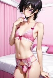 1boy ai ai_art ai_assisted ai_generated androgynous bed bedroom blush blushing boy bra bulge code_geass femboy feminine feminine_body feminine_male feminine_pose feminization garter garter_belt garter_straps gay girly lelouch_lamperouge lingerie neronaai otoko_no_ko otokonoko painted_nails pink ribbon short_hair shy yaoi