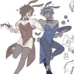 2boys 359ikyo alternate_costume blue_leotard blush bowtie brown_hair collaboration crossdressing elkcx gay gintama gintoki_sakata male male_only male_playboy_bunny pantyhose red_leotard sakamoto_tatsuma smile tailcoat thighhighs tray white_hair yaoi