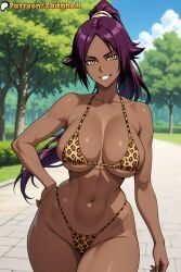 1girls ai_generated ass bikini bikini_bottom bikini_top bleach bleach:_the_thousand-year_blood_war breasts cameltoe curvy curvy_figure dark-skinned_female dark_skin grin huge_ass huge_breasts long_hair mature_female pussy shihouin_yoruichi smile thong zadbhell