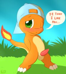 backwards_baseball_cap balls blush charmander eraquis erection green_eyes hat male male_only nintendo penis pokémon_(species) pokemon solo video_games