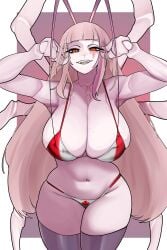 1girls bikini breasts brothbowl cleavage flag_bikini flag_print indie_virtual_youtuber large_breasts matara_kan monster_girl multicolored_hair navel open_mouth pink_hair red_eyes smile streaked_hair swimsuit thick_thighs thighs very_long_hair virtual_youtuber vtuber wide_hips