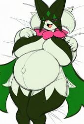 anthro anthro_female cat cat_girl catgirl dark_type enjoying_pregnancy grass_type green_fur meowscarada pokemon pokemon_(species) pokemon_sv pregnant pregnant_anthro pregnant_belly pregnant_female sketch starter_pokemon