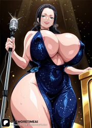 1girl ai ai_assisted ai_generated areola_slip areolae big_breasts big_thighs black_hair blue_eyes cleavage curvy curvy_figure female female_focus female_only huge_breasts huge_thighs long_hair looking_at_viewer microphone milf nico_robin one_piece onemoretimeai red_lipstick robe sexy_female slicked_back_hair standing voluptuous voluptuous_female wide_hips woman