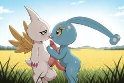3_fingers absurd_res ai_generated animal_genitalia animal_penis antennae_(anatomy) anthro balls bandai_namco big_balls big_penis blue_body blue_eyes blush blush_lines bodily_fluids claws crossover cupimon digimon digimon_(species) duo eyelashes fangs field finger_claws fingers flower french_kissing generation_4_pokemon genital_fluids genitals grass green_eyes half-closed_eyes hi_res holding_penis horn huge_balls huge_penis kissing leaking_precum legendary_pokemon looking_at_another looking_at_partner male male/male manaphy narrowed_eyes nintendo open_mouth open_smile penis pink_claws plant pokemon pokemon_(species) precum precum_on_penis sheath short_tail smile standing tail tapering_penis teeth tongue tongue_out white_body wings yellow_sclera yellow_wings yiff_ai_(director)
