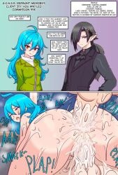 1girls 2boys 2boys1girl 2koma ahe_gao ahoge anal_sex anime_one_night_stands bed bedroom black_hair blue_hair comic cowgirl_position cum_in_ass cum_in_pussy cum_inside dialogue dialogue_box doggy_style dripping_cum dywtba-alt-universe fat_ass formal_wear from_behind jacket juto_arigato long_hair mmf_threesome open_mouth original_character original_characters overflowing_cum pointy_ears ponytail purple_hair red_eyes sandwich_position small_breasts sweat thick_penis threesome vaginal_sex woman_on_top