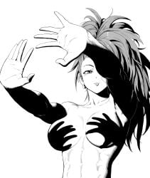 1girls absurd_res breasts captain_mizuki carlx945380 earrings greyscale hand_shadow_covering_breasts_(meme) hi_res medium_breasts monochrome one-punch_man ponytail solo toned tongue_out topless_female