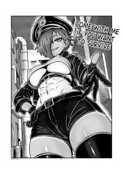 1girl 1girls abs asymmetrical_bangs asymmetrical_hair belt city english_text gloves hair_ornament kaschmatz monochrome nipples_visible_through_clothing one_eye_covered original original_character police police_hat police_uniform shirt short_hair shorts tan_body tanline thighhighs thighs tomboy underboob