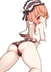 1girl ass ass_focus bare_back bare_legs bare_shoulders blushing feathered_wings frilled_hairband indie_virtual_youtuber looking_at_viewer looking_back low_drills official_alternate_costume official_alternate_hairstyle panties panty_cutout pillowdear pink_eyes pink_hair simple_background two-tone_hair white_background wings wings_on_head