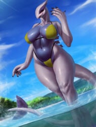 1girls 2025 anthro big_breasts bikini black_nails blush detailed_background feet_in_water female female_only full_body furythelisso generation_2_pokemon green_bikini hi_res legendary_pokemon looking_at_viewer lugia narrowed_eyes nintendo pokemon pokemon_(species) red_eyes solo tail thick_thighs water wide_hips