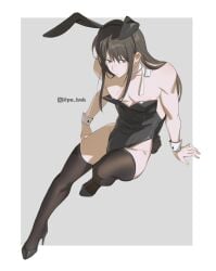bishonen black_hair black_legwear black_thighhighs brown_eyes bunny_ears bunnysuit crossdressing diaoyemao full_body gintama high_heels katsura_kotarou long-haired_male long_hair male male_only male_playboy_bunny neck_ribbon nipple_slip nipples nylons pale-skinned_male pale_skin solo thighhighs toned toned_male twink