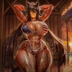 1girl 2026 2d abs absurd_res absurd_resolution absurdres ai_generated american_flag_bikini animal_ears arm_tattoo armpits arms_behind_head arms_up bikini black_hair blue_eyes breasts brown_hair cleavage closed_mouth curvy dark-skinned_female dark_skin earrings flag_print hair_between_eyes hi_res high_quality high_resolution highleg_bikini highres horse_ears horse_girl horse_tail huge_breasts image jewelry leg_tattoo long_hair looking_at_viewer muscular muscular_female navel palm_tree patreon patreon_username ponytail print_swimsuit single_earring sky solo split_ponytail sunset swimsuit symboli_kris_s_(umamusume) tail tattoo thick_thighs thighs tree umamusume umamusume_pretty_derby uncensured very_long_hair watermark wide_hips zeyayelan