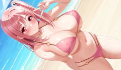 1girl beach big_breasts bikini blush blush_lines blushing breasts cleavage closed_mouth collarbone commentary_request cygnus cygnus_(cygnus7) day dead_or_alive dead_or_alive_5 hair_ornament hair_up highres honoka_(doa) large_breasts looking_at_viewer navel o-ring ocean outdoors pink_bikini side_ponytail skull_hair_ornament skull_ornament smile solo standing stomach swimsuit thighs triangle_bikini_top v water