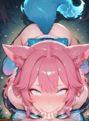 1boy 1girl :>= ahri ahri_(league_of_legends) ai_assisted ai_generated all_fours animal_ear_fluff animal_ears anime anime_girl anime_style artist_name ass bangs bare_shoulders blue_eyes blush bow breasts cum cum_in_mouth cum_in_nose facial_mark fellatio fox_ears fox_girl fox_tail from_above grass hetero hi_res highres japanese_clothes kimono large_breasts league_of_legends long_hair looking_at_viewer looking_up makeup oral outdoors patreon patreon_username penis petals pink_hair pov rinkoai riot_games rolling_eyes shiny shiny_hair shiny_skin solo_focus sweat tail tearing_up tears thighhighs uncensored watermark whisker_markings