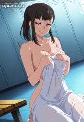 1girl ai_generated anime anime_style black_hair breasts cleavage closed_mouth collarbone covering_breasts covering_privates en'en_no_shouboutai enen_no_shouboutai fire_force hentai hi_res indoors kneeling large_breasts locker locker_room long_hair looking_at_viewer maki_oze mystic_maidens nude nude_cover oze_maki patreon patreon_username pink_eyes ponytail purple_eyes sidelocks sitting smile solo towel