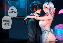 1boy 1boy1girl 1girl 1girls 2d ai_assisted ai_generated aisouls apron arknights arknights:_endfield black_hair blush breasts caption comic dialogue endministrator_(arknights:_endfield) english english_text eye_mask female gradient_hair hood hood_down hoodie horn horned_female horns hug large_breasts looking_at_another male male_endministrator_(arknights:_endfield) mask mi_fu_(arknights:_endfield) multicolored_hair naked_apron night patreon_logo patreon_username pink_hair pointy_ears red_eyes self_upload short_hair tail text white_apron white_hair