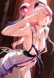 1girls :o animal_ears areolae arknights armpits arms babydoll bare_shoulders belly big_breasts black_panties blush breasts covering_eyes dutch_angle ear_piercing earrings embarrassed exposed_armpits female female_only hairband highres kemonomimi leaning_forward light-skinned_female light_skin lin_yuhsia_(arknights) long_hair looking_at_viewer medium_breasts navel necklace nipples nipples_visible_through_clothing open_mouth panties pink_eyes pink_hair ponytail sagging_breasts see-through see-through_clothes see-through_clothing solo stomach suujiniku tagme tail