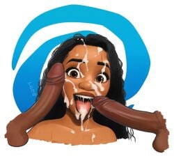 1girls 2boys balls black_hair brown_eyes cum cum_in_mouth cum_on_face dark-skinned_female dark_skin disembodied_penis disney erection facial female male moana moana_waialiki open_mouth penis tomagraphiste tongue tongue_out