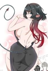 artzyzen backboob backless_dress backless_outfit bangs big_ass big_breasts black_and_red_hair busty busty_female curvy curvy_female dress jane_doe_(zenless_zone_zero) laizent_art long_hair male_in_background rat_ears rat_girl rat_tail sideboob thick_ass thick_thighs wide_hips zenless_zone_zero