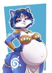 anthro anthro_female blue_fur enjoying_pregnancy hand_on_hip hand_on_pregnant_belly krystal krystal_(star_fox) looking_at_viewer nintendo pregnancy pregnant pregnant_anthro pregnant_belly pregnant_female star_fox