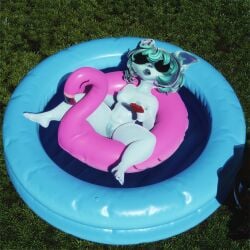 3d absurd_res blender bunny_girl floatie green_hair lagomorph league_of_legends pool pool_float popsicle sunglasses thicc vex_(league_of_legends) voluptuous yordle