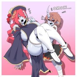 2girls annoyed bell_collar big_breasts blushing carrying female_focus female_only happy hat jiangshi jiangshi_(mannungei) mannungei oni oni_female oni_horns red_hair revealing_clothes sideboob skintight_clothing stitches stockings thick_thighs traditional_clothes