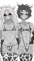 2boys 2d_(artwork) 2d_artwork artist_name bikini black_hair blushed_face cow_ears_headband cow_horns_headband cow_print_bikini cuntboy cuntboy_focus embarassed_male harlequin_(the_freak_circus) jester long_hair_male male/male male_only monochrome navel pierrot_(the_freak_circus) semi_nude short_hair_male simple_background smug smug_face smug_male the_freak_circus thick_thighs thighhighs uncensored unknown_artist white_background