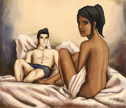 1boy 1girls avatar_legends casual dark-skinned_female dark_skin ex0tique female human in_bed korra mako male pale_skin smooth_skin straight the_avatar the_legend_of_korra underwear water_tribe