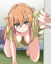 1girls absurdres alternate_costume asuka_langley_sohryu blue_eyes blush bottomless breasts choppy_bangs closed_mouth commentary_request downblouse full_body hanging_breasts highres indoors large_breasts long_hair looking_at_viewer neon_genesis_evangelion no_bra notonaon orange_hair shirt short_sleeves sketch solo souryuu_asuka_langley straight_hair v-shaped_eyebrows yellow_shirt