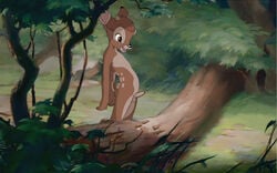 1boy 3_fingers anthro arms balls ballsack bambi_(character) bambi_(film) cub deer_ears deer_nose deer_tail disney erect_penis forest hands humanoid_genitalia humanoid_penis log male male_only nipple open_mouth open_mouth_smile penis solo tagme testicles tongue woods