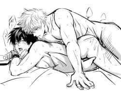 2boys anal anal_sex blush bound_wrists completely_nude face_grab from_behind gay gintama gintoki_sakata hijikata_toshiro looking_back male male_only monochrome motion_lines nude on_stomach prone_bone restrained smile yaoi
