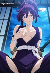 1girl ai_generated anime anime_style armband bare_shoulders black_armband breasts center_opening closed_mouth full_moon grabbing_own_breast hentai hi_res hip_vent indoors japanese_clothes jigokuraku kimono large_breasts looking_at_viewer moon mystic_maidens night night_sky ninja patreon patreon_username pink_eyes purple_hair purple_kimono sash short_sword sky smile solo sword topknot weapon white_sash wrist_guards yuzuriha_(jigokuraku)