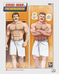 bara blue_eyes comic comic_page crossover daddy dilf dispatch_(game) gay invincible invincible_(tv_series) male male_only maxxfergus moustache muscular muscular_male nolan_grayson omni-man phenomaman towel towel_around_waist