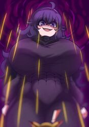 1girl breasts curvy dress dynamax female_focus gen_1_pokemon giant giantess hex_maniac hex_maniac_(pokemon) hex_maniac_(pokemon_xy) highres huge_breasts long_hair looking_at_viewer matching_hair/eyes nintendo pikachu pokemon pokemon_x_and_y purple_eyes purple_hair seireiart solo