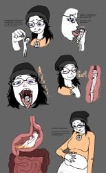 beanie becoming_erect black_hair blue_eyes blush chudjak clothed_female_nude_male dialogue erection esophagus exposed_belly giantess internal_view intestines large_belly larger_female licking licking_face licking_lips long_hair mawshot midriff necklace open_mouth predator/prey rubbing_belly simple_background smaller_male soyjak.party soytan stomach stomach_acid swallowed_whole swallowing sweater unknown_artist vore vore_belly x-ray