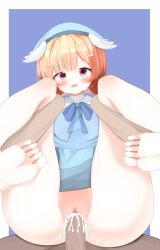 bare_legs barefoot beret blue_hat blushing bottomless capelet commission creampie cum feathered_wings full_nelson hair_ornament indie_virtual_youtuber low_twintails mouth_open penis pillowdear pink_eyes pink_hair school_uniform sex short_hair simple_background toes vaginal_penetration vaginal_sex wings wings_on_head