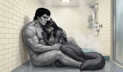 1boy1girl ai_generated completely_nude_female completely_nude_male fluffy_tail frankenstein_(species) furry_female green_eyes hellhound interspecies intimacy muscular_male original_characters pre_sex sensual_pose shower shower_room showering_together snuggling voluptuous_female