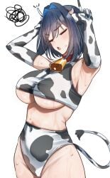 1girls armpits arms_raised arms_up blue_hair blush blushing breasts cleavage clothed_female collar cow_ears_headband cow_horns_headband cow_print cow_print_gloves cow_print_panties cow_tail cowbell cowbell_collar cowprint_armwear cowprint_bikini eyes_closed female fingers_up hair_intakes hair_vents hips hololive hololive_english hololive_english_-council- hololive_english_-promise- large_breasts mouth_open navel navel_visible_through_clothes ouro_kronii posing short_hair skin_tight skintight solo squiggle sweat sweaty_body thighs tomosaka underboob virtual_youtuber