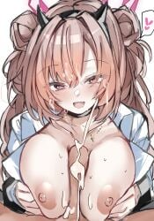 1boy 1girl :d black_hairband blue_archive blush breasts commentary_request cum double_bun ejaculation fake_horns hair_bun hair_ornament hairband halo highres horns jewelry kirara_(blue_archive) large_breasts looking_at_viewer mutou_mame necklace nipples open_mouth paizuri penis pink_eyes pink_hair pink_halo pov shirt simple_background smile white_background white_shirt
