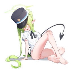 1girl absurdres barefoot black_tail blue_archive blush bottomless commentary demon_tail fang feet full_body green_hair green_halo halo hat highres knee_up knees_apart_feet_together legs long_hair nozomi_(blue_archive) open_mouth peaked_cap pointy_ears pussy simple_background sitting skin_fang soles solo tail toes very_long_hair white_background whonyang