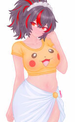 belly clothing crop_top curvy curvy_figure cute cute_face female female_focus odenezix pikachu_(cosplay) simple_background tagme zenless_zone_zero zhu_yuan