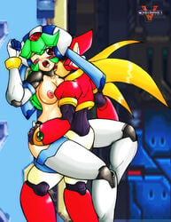 1boy 1girls areolae blonde_hair breasts duo erect_nipples female green_hair human long_hair male mega_man mega_man_zx nipples one_eye_closed open_mouth pandora_(mega_man) penetration red_eyes reploid robot robot_girl sex straight vcampan vent_(mega_man)