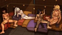 amputee bad_end ball_gag black_hair blake_belladonna blonde_hair blue_eyes bondage cat_ears chains collar defeated_hero defeated_heroine harem harem_outfit marquisdeglad piercing purple_eyes red_hair rooster_teeth ruby_rose rwby sad silver_eyes slave slave_bikini slave_girl slavegirl transparent_clothing veil weiss_schnee white_hair yang_xiao_long yellow_eyes