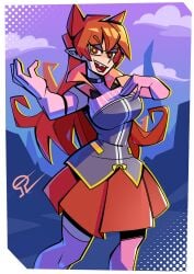 1demon alvh_omega ameri_azazel anime anime_girl anime_style azazel_ameri background big_breasts breasts cute cute_expression cute_face cute_fang cute_female dark_background demon demon_girl demon_realm demoness hair_tuft hips holding_out_hand large_breasts long_hair long_orange_hair looking_at_viewer mairimashita!_iruma-kun mouth open orange_hair orange_skirt skirt smile wide_hips