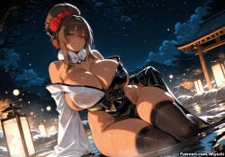 1girl ai_assisted ai_generated architecture arm_support bangs bare_shoulders black_legwear blush breasts brown_eyes brown_hair cleavage curvaceous curvy curvy_female curvy_figure dark-skinned_female detached_sleeves female flower goddess_of_victory:_nikke hair_between_eyes hair_flower hair_ornament highleg huge_breasts japanese_clothes lantern leotard lips long_hair looking_at_viewer miyuai night night_sky noir_(nikke) off_shoulder onsen outdoors parted_lips plump shiny shiny_skin sidelocks sitting skindentation sky smile soaking_feet solo star_(sky) starry_sky thick thick_ass thick_butt thick_hips thick_legs thick_thighs thighhighs thighs voluptuous voluptuous_female water wet wide_hips wide_thighs